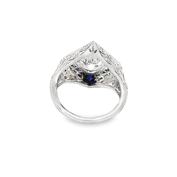Front view of Antique 1.69ct Old European cut diamond  ring, sapphire halo, platinum