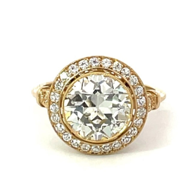 Front view of 3.26ct Old European Cut Diamond Engagement Ring, Diamond Halo, 18k Yellow Gold