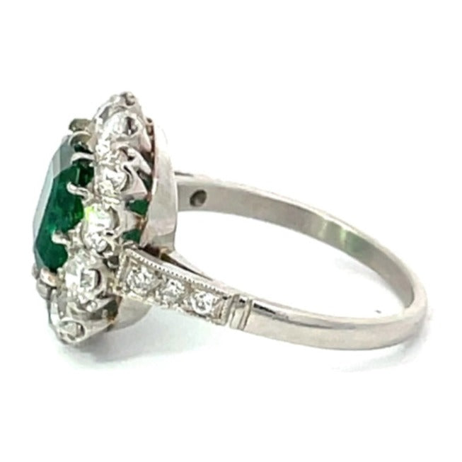 Side view of 2.49ct Emerald Cut Natural Emerald Engagement Ring, Diamond Halo, Platinum