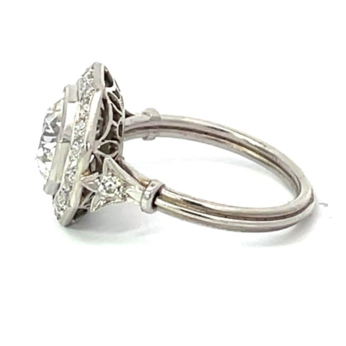 Side view of GIA 2.29ct Old European Cut Diamond Engagement Ring, Diamond Halo, Platinum