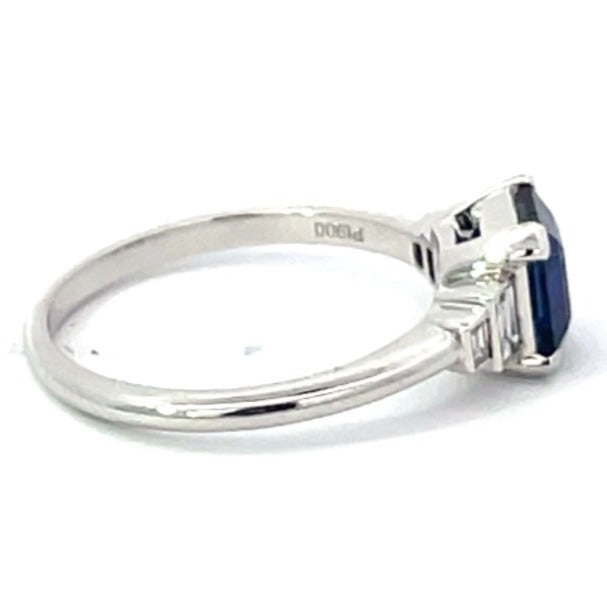 Side view of 1.68ct Emerald Cut Natural Sapphire Engagement Ring, H Color, Platinum