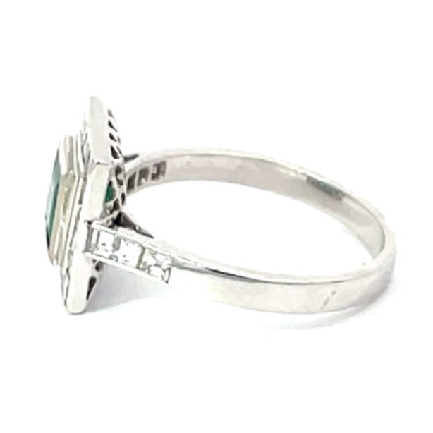 Side view of 1.00ct Emerald Cut Emerald Engagement Ring, Diamond Halo, 18k Yellow Gold & Platinum