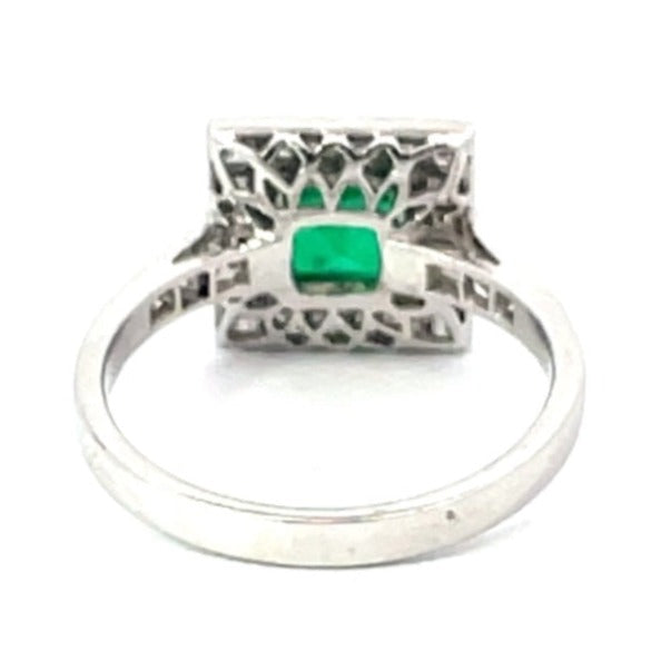 Back view of 1.00ct Emerald Cut Emerald Engagement Ring, Diamond Halo, 18k Yellow Gold & Platinum