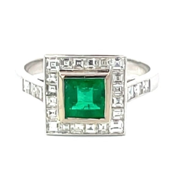 Front view of 1.00ct Emerald Cut Emerald Engagement Ring, Diamond Halo, 18k Yellow Gold & Platinum