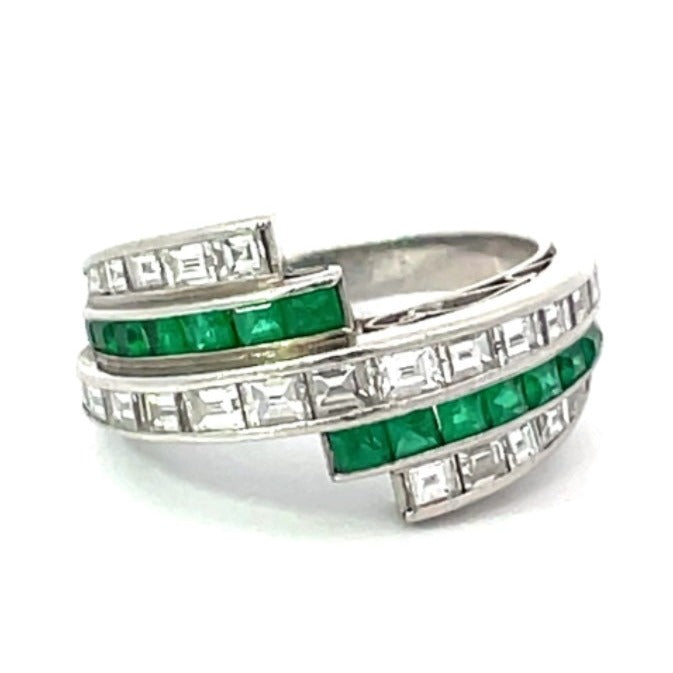 Front view of Vintage 1.27ct Diamonds & 0.54ct Emerald Engagement Ring, Platinum