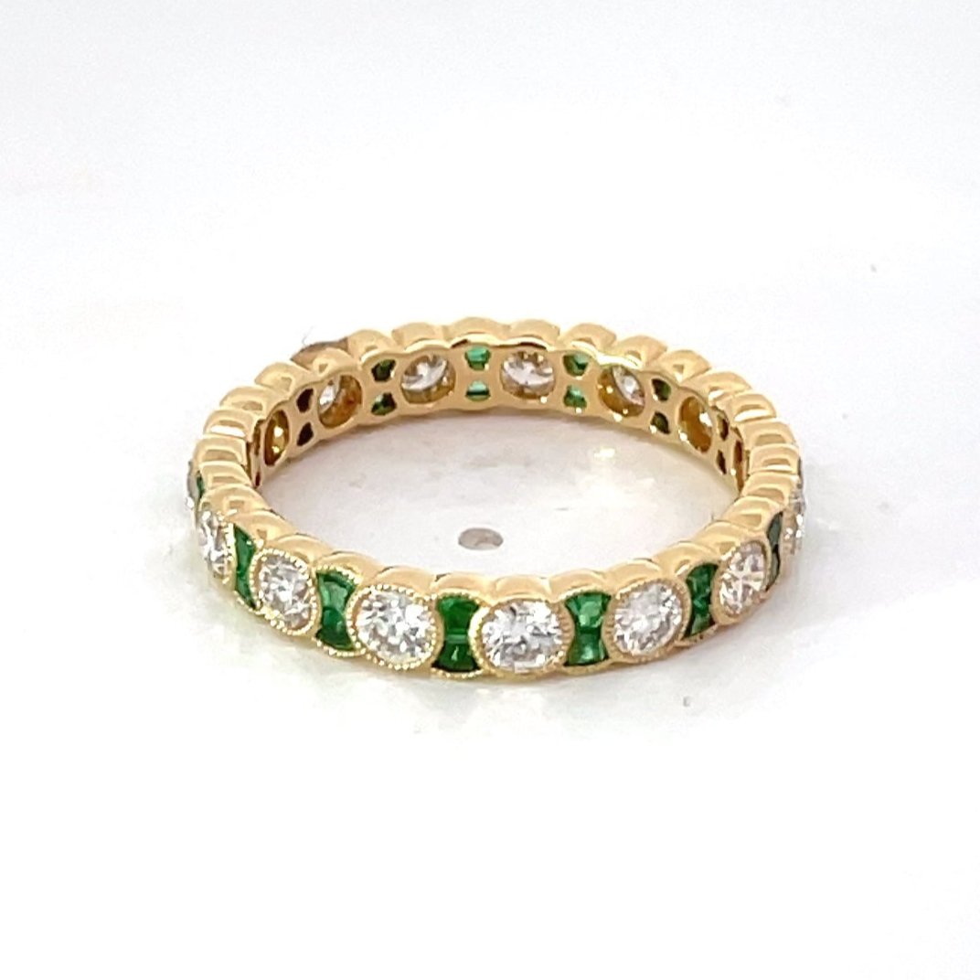 Diamond & Emerald Eternity Band Ring, 18k Yellow Gold