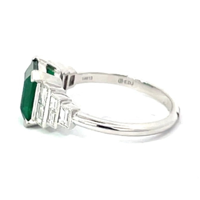 Side view of 1.60ct Emerald Cut Natural Emerald Engagement Ring, Platinum