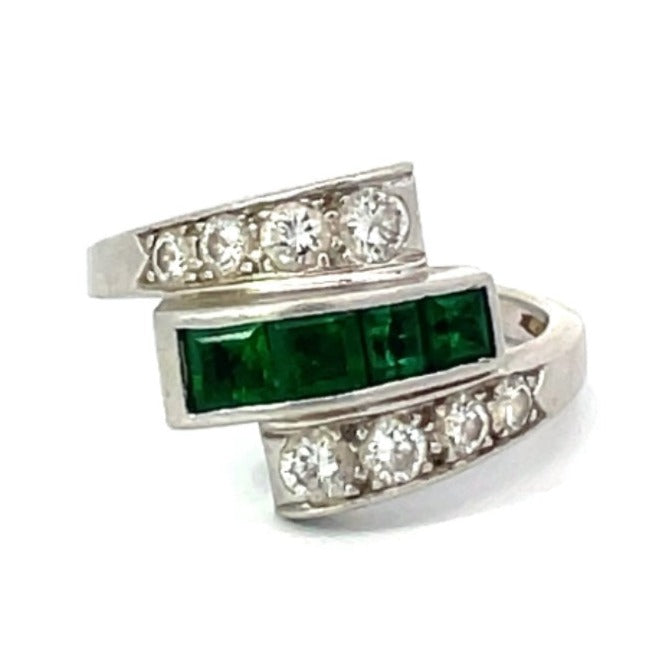 Front view of Vintage 0.36ct Emerald And 0.57ct Diamond Engagement Ring, Platinum