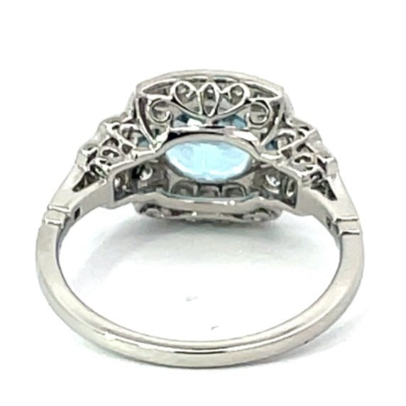 Front view of 1.22ct Round Cut Aquamarine Engagement Ring, Diamond Halo, Platinum