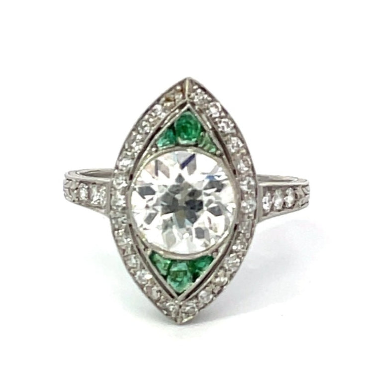 Front view of Antique 2.25ct Old European Cut Diamond Engagement Ring, I color, Diamond Halo, Platinum