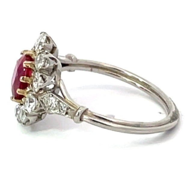 Side view of 1.15ct Oval Cut Ruby Engagement Ring, Diamond Halo, Platinum & 18k Yellow Gold