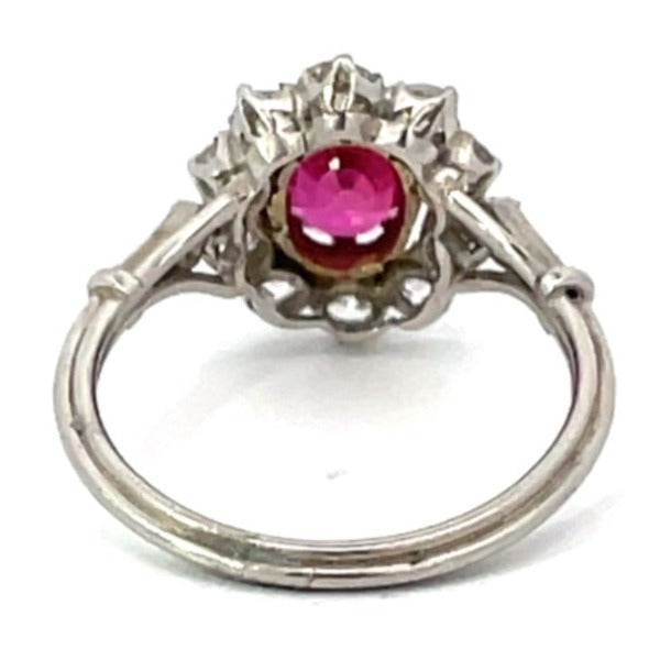 Back view of 1.15ct Oval Cut Ruby Engagement Ring, Diamond Halo, Platinum & 18k Yellow Gold