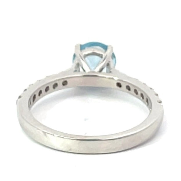 Back view of 0.86ct Round Cut Aquamarine Engagement Ring, 18k White Gold
