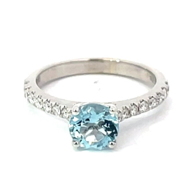 Front view of 0.86ct Round Cut Aquamarine Engagement Ring, 18k White Gold