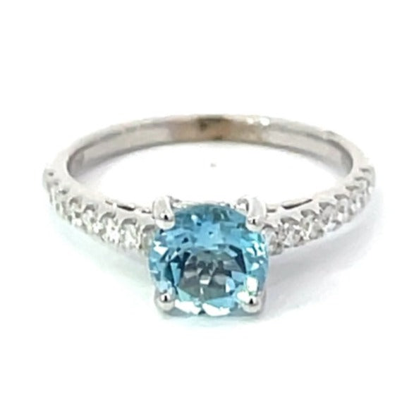 Front view of 0.90ct Round Cut Aquamarine Engagement Ring, 18k White Gold