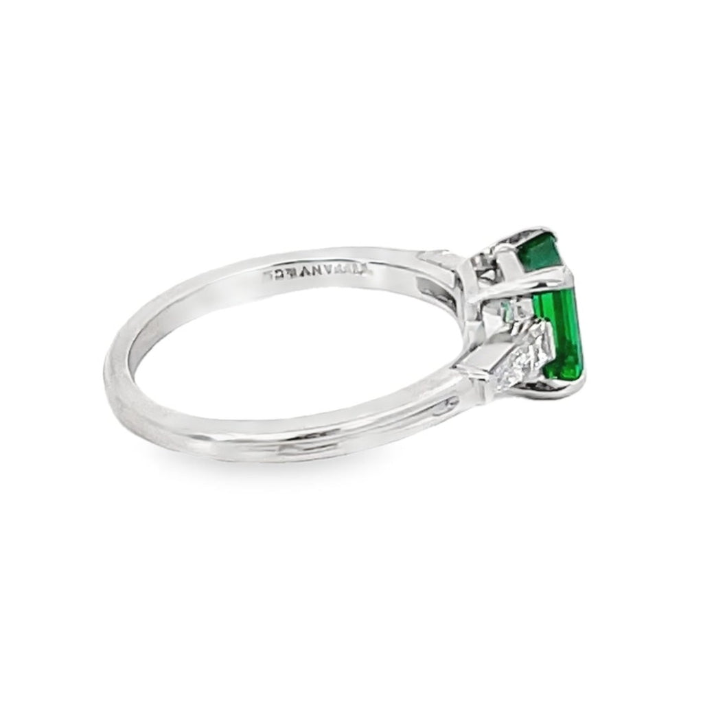 Side  view of Vintage Tiffany & Co. 0.80ct Emerald Cut Colombian Emerald Engagement Ring
