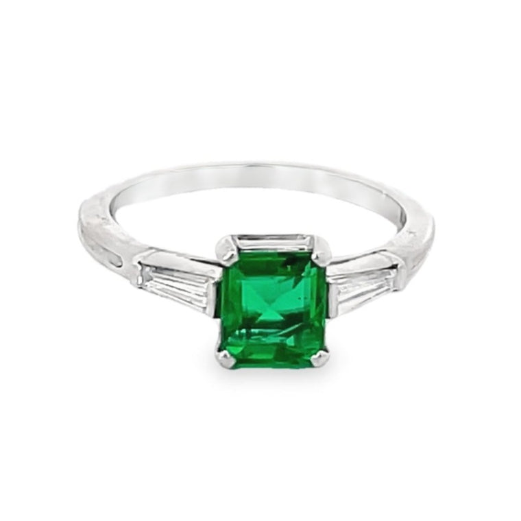 Front view of Vintage Tiffany & Co. 0.80ct Emerald Cut Colombian Emerald Engagement Ring
