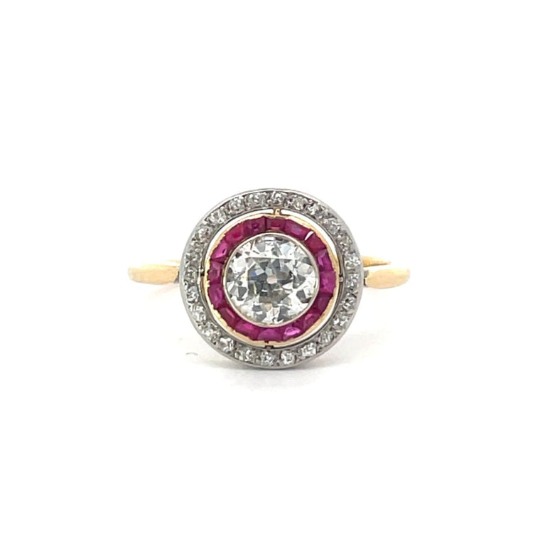 Front view of Antique 1.00ct Old European Cut Diamond Engagement Ring, I Color, Diamond & Ruby Halo, Platinum & 18k Yellow Gold