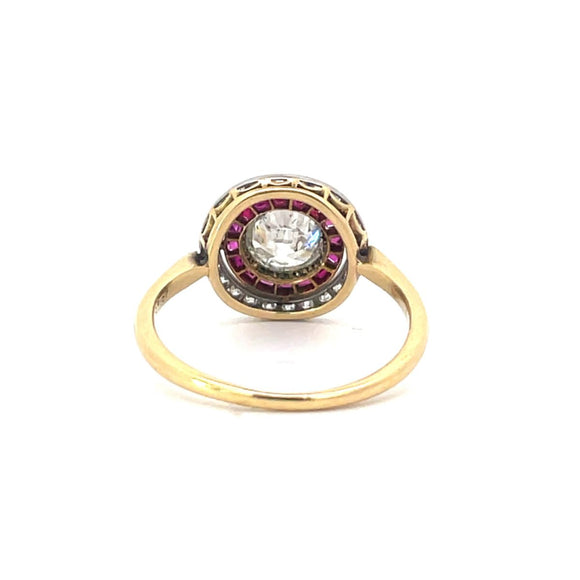 Front view of Antique 1.00ct Old European Cut Diamond Engagement Ring, I Color, Diamond & Ruby Halo, Platinum & 18k Yellow Gold