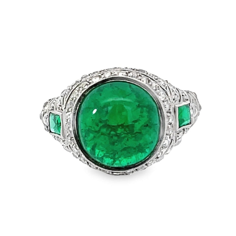 Front view of Antique 5.46ct Cabochon Cut Emerald Cocktail Ring
