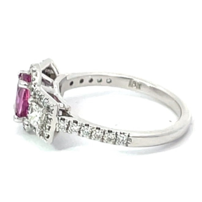 Side view of 1.01ct Oval Cut Pink Sapphire Engagement Ring, Diamond Halo, 18k White Gold
