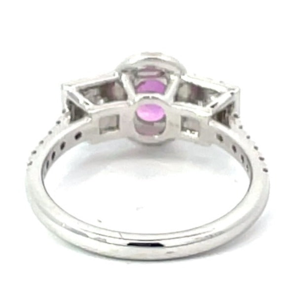 Back view of 1.01ct Oval Cut Pink Sapphire Engagement Ring, Diamond Halo, 18k White Gold