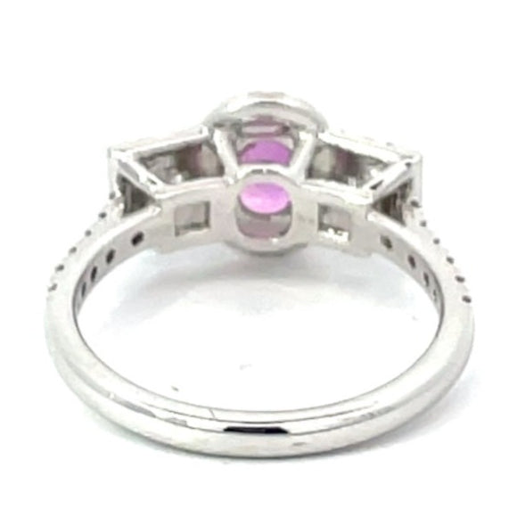 Front view of 1.01ct Oval Cut Pink Sapphire Engagement Ring, Diamond Halo, 18k White Gold