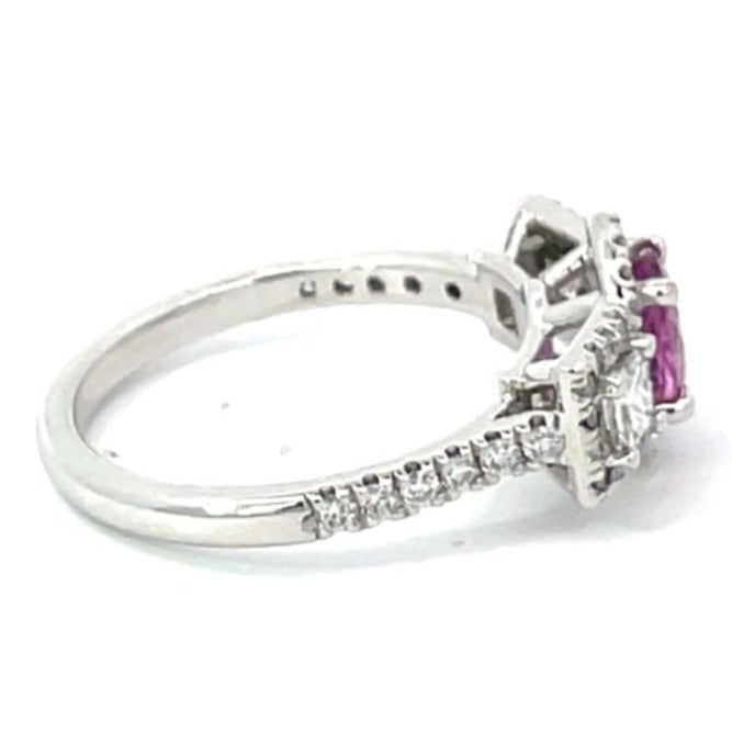 Side view of 1.01ct Oval Cut Pink Sapphire Engagement Ring, Diamond Halo, 18k White Gold