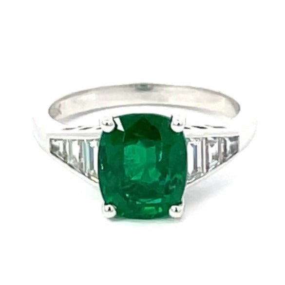 Front view of GIA 2.48ct Cushion Cut Natural Emerald Engagement Ring, 18k White Gold
