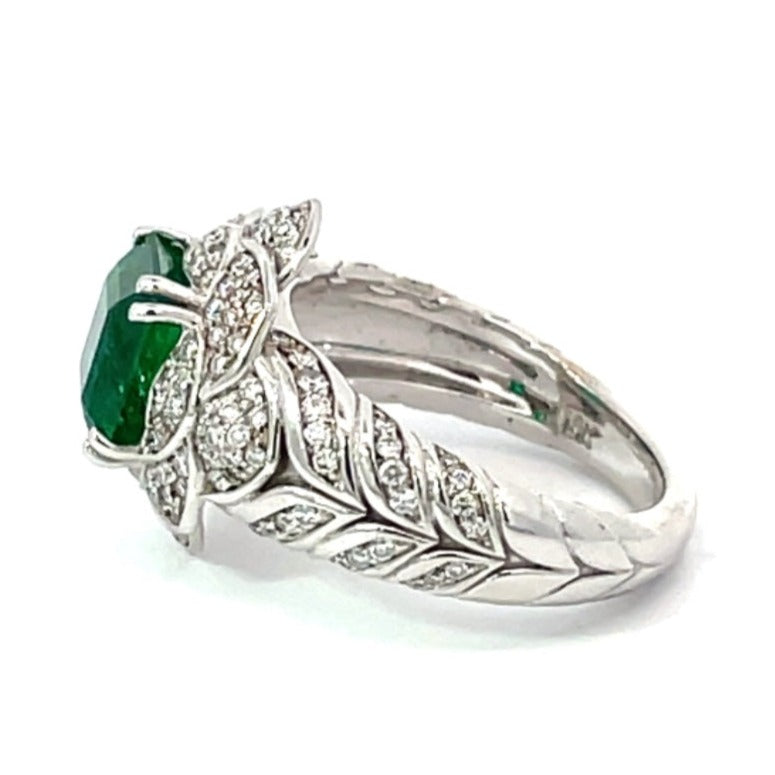 Side view of 2.51ct Emerald Cut Natural Zambian Emerald Engagement Ring, 18k White Gold