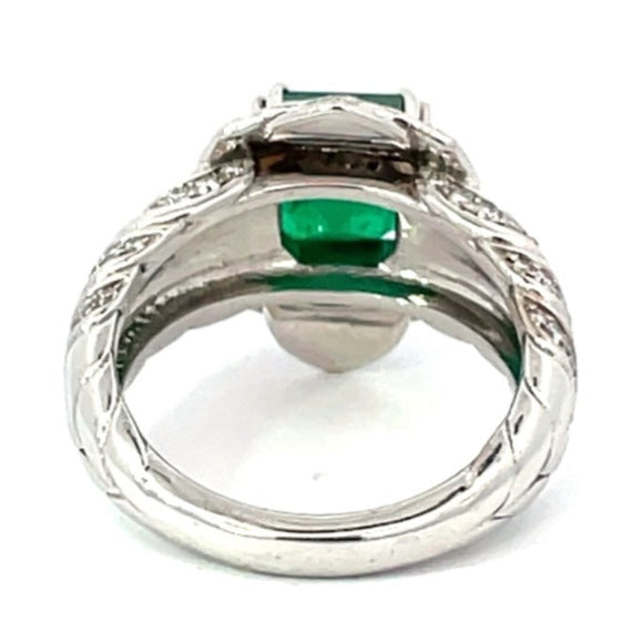Front view of 2.51ct Emerald Cut Natural Zambian Emerald Engagement Ring, 18k White Gold