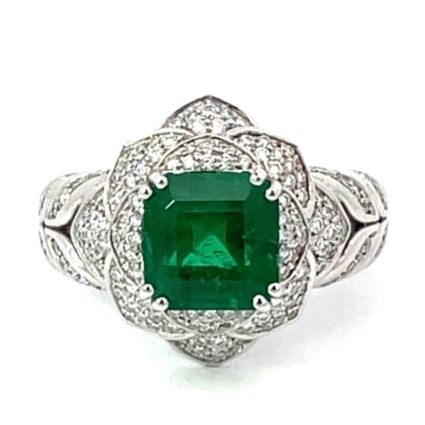Front view of 2.51ct Emerald Cut Natural Zambian Emerald Engagement Ring, 18k White Gold
