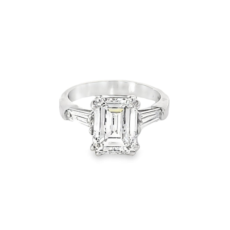 Front view of Vintage GIA 3.07ct Emerald Cut Diamond Engagement Ring