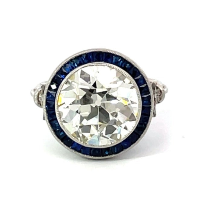 Front view of UGL 5.72ct Old European Cut Diamond Engagement Ring, Sapphire Halo, Platinum