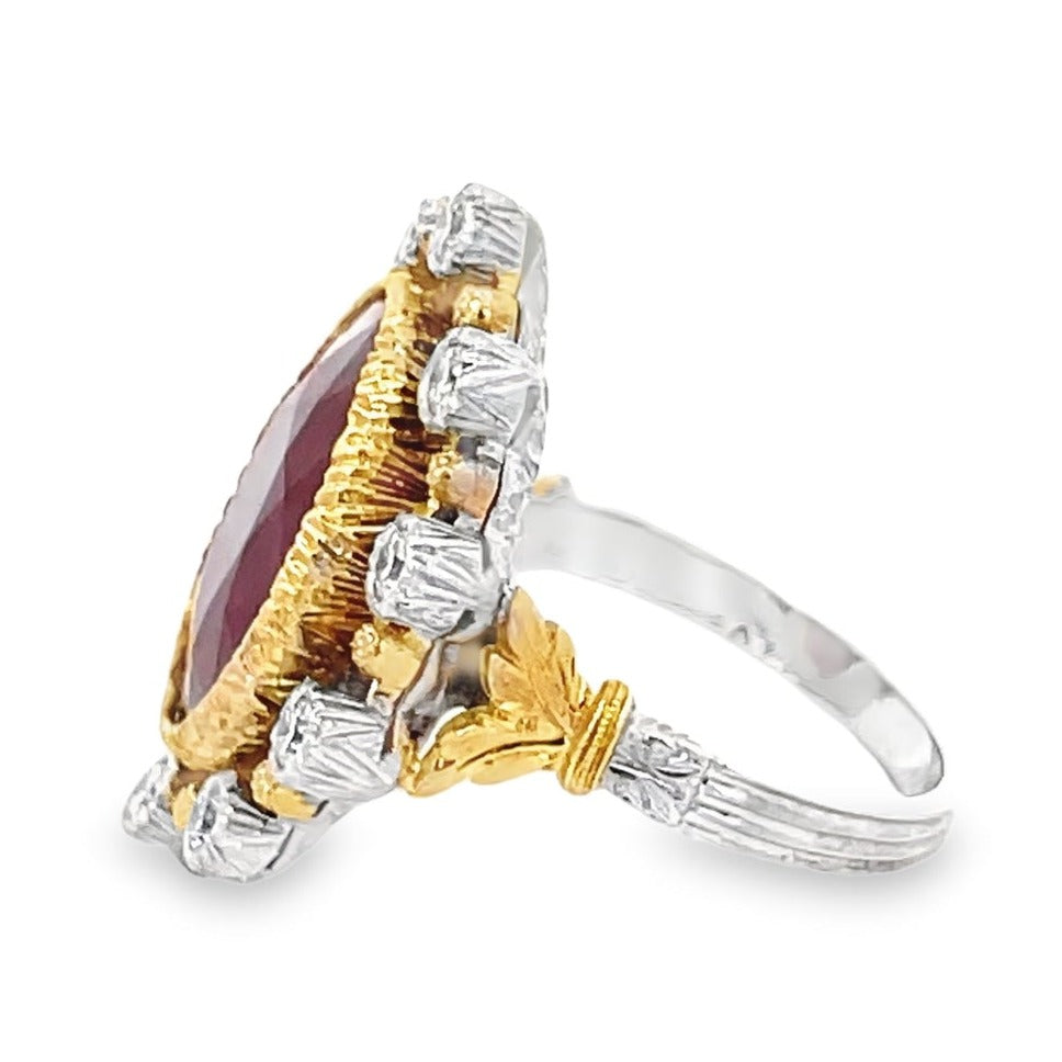 Side view of Vintage M.Buccellati 7.41ct Oval Cut Ruby Cocktail Ring, 18k Gold