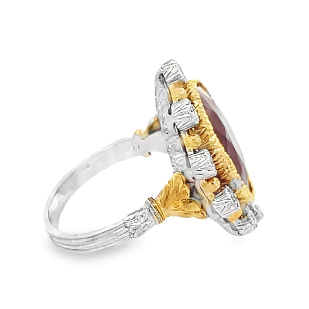 Side view of Vintage M.Buccellati 7.41ct Oval Cut Ruby Cocktail Ring, 18k Gold