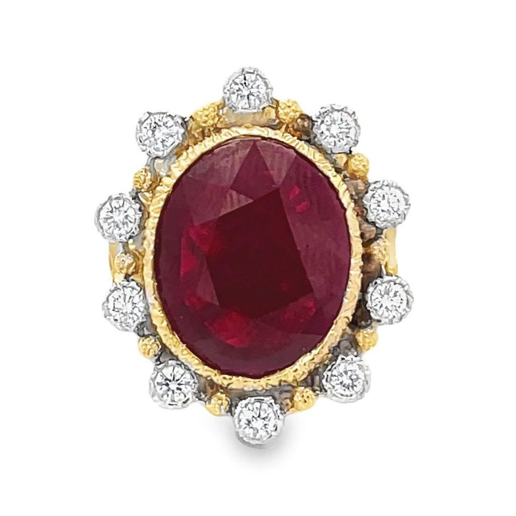 Front view of Vintage M.Buccellati 7.41ct Oval Cut Ruby Cocktail Ring, 18k Gold