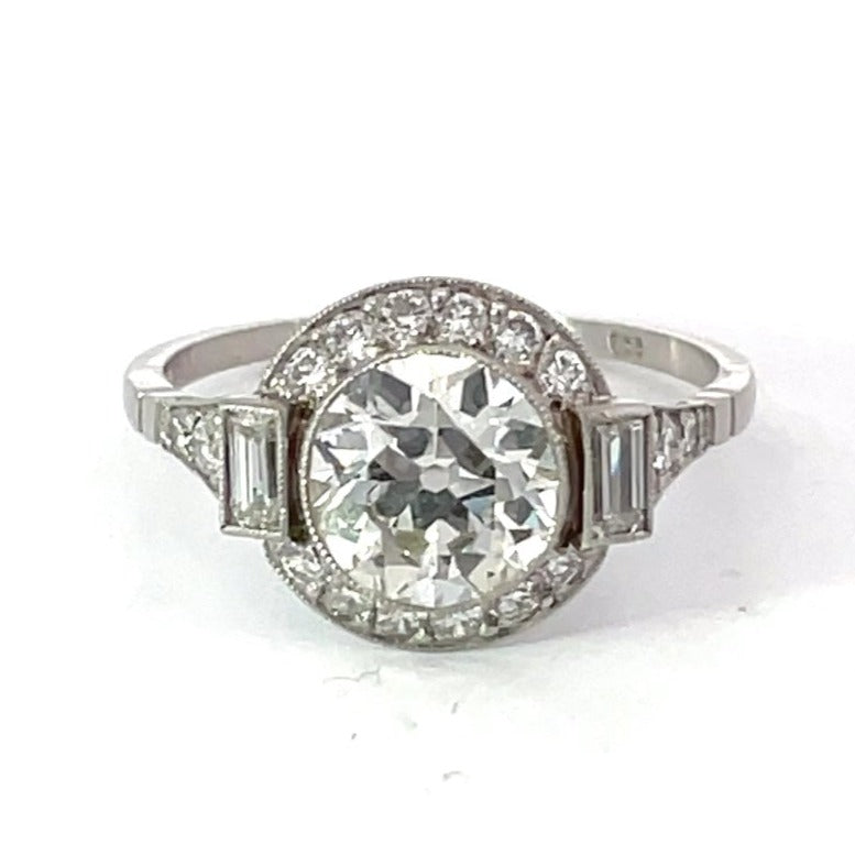 Front view of 1.75ct Old European Cut Diamond Engagement Ring, Diamond Halo