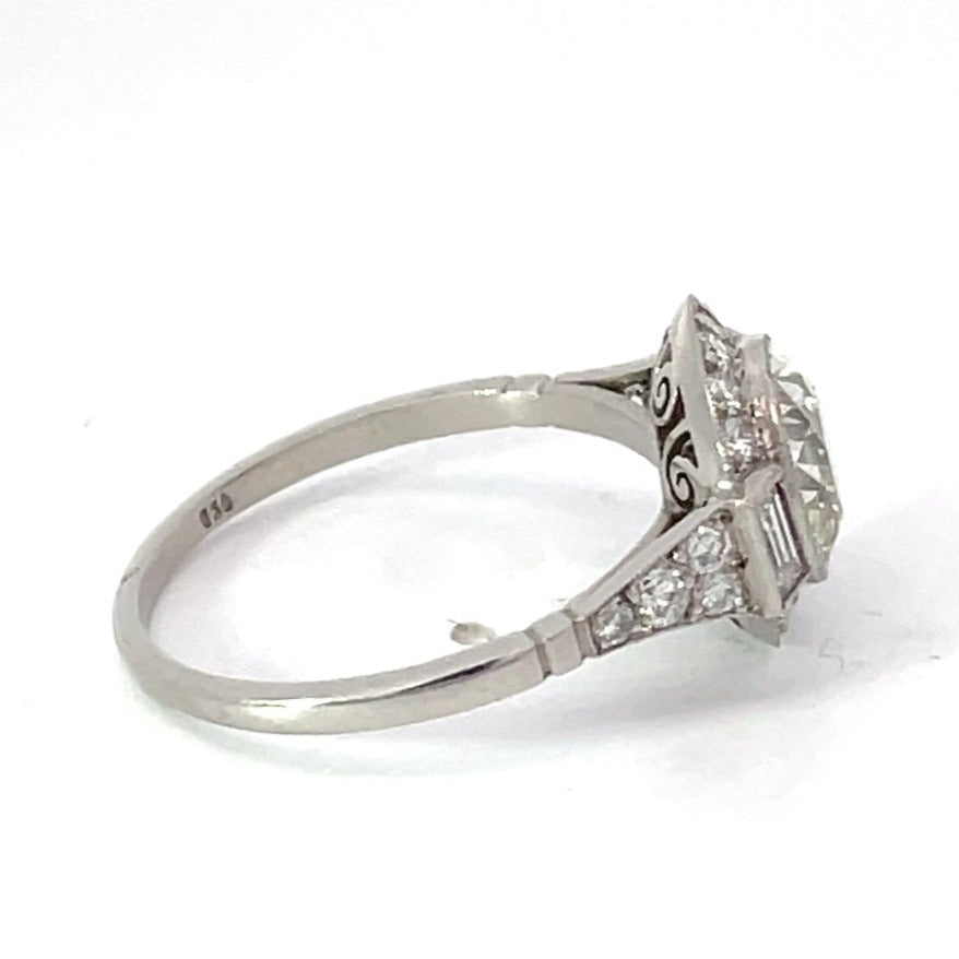 Side view of 1.75ct Old European Cut Diamond Engagement Ring, Diamond Halo