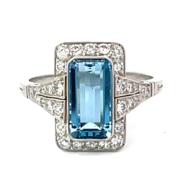 Front view of 1.55ct Aquamarine Engagement Ring, Diamond Halo, Platinum