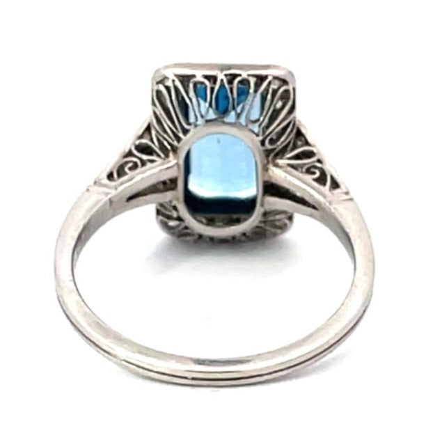 Back view of 1.55ct Aquamarine Engagement Ring, Diamond Halo, Platinum