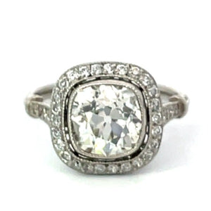 Front view of 2.90ct Antique Cushion Cut Diamond Engagement Ring, Diamond Halo, Platinum