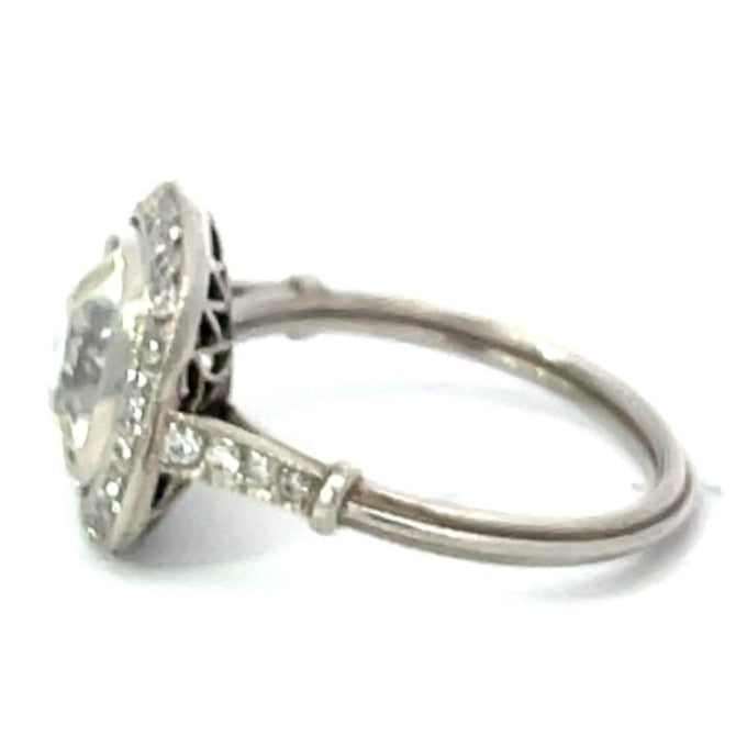 Side view of 2.90ct Antique Cushion Cut Diamond Engagement Ring, Diamond Halo, Platinum
