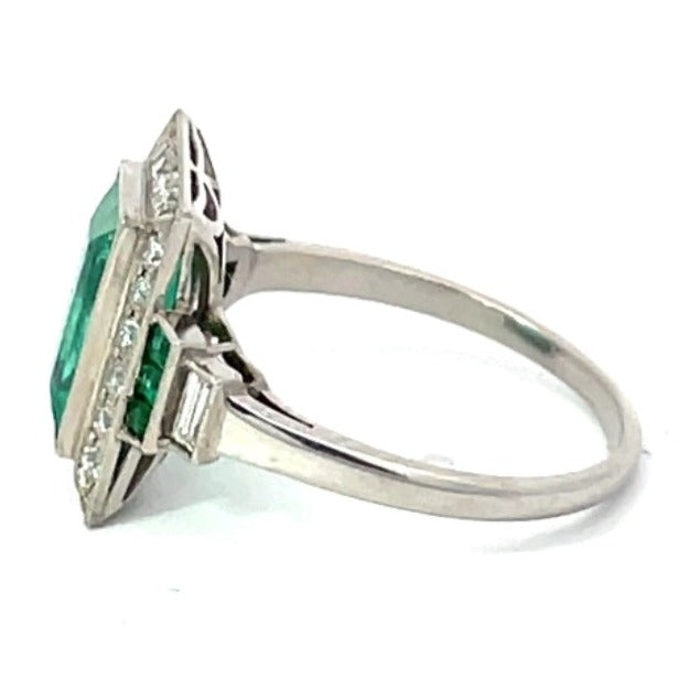 Side view of 1.90ct Emerald Cut Emerald Engagement Ring, Diamond Halo, Platinum