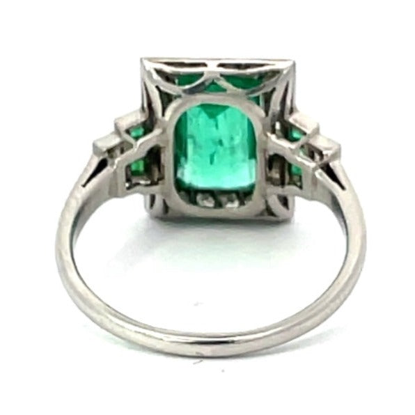 Back view of 1.90ct Emerald Cut Emerald Engagement Ring, Diamond Halo, Platinum