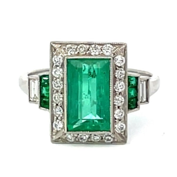 Front view of 1.90ct Emerald Cut Emerald Engagement Ring, Diamond Halo, Platinum