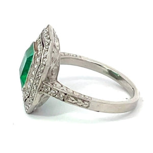 Side view of 1.52ct Asscher Cut Natural Colombian Emerald Engagement Ring, Double Diamond Halo, Platinum