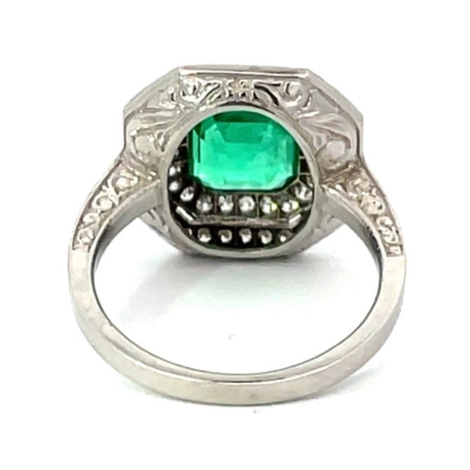 Back view of 1.52ct Asscher Cut Natural Colombian Emerald Engagement Ring, Double Diamond Halo, Platinum