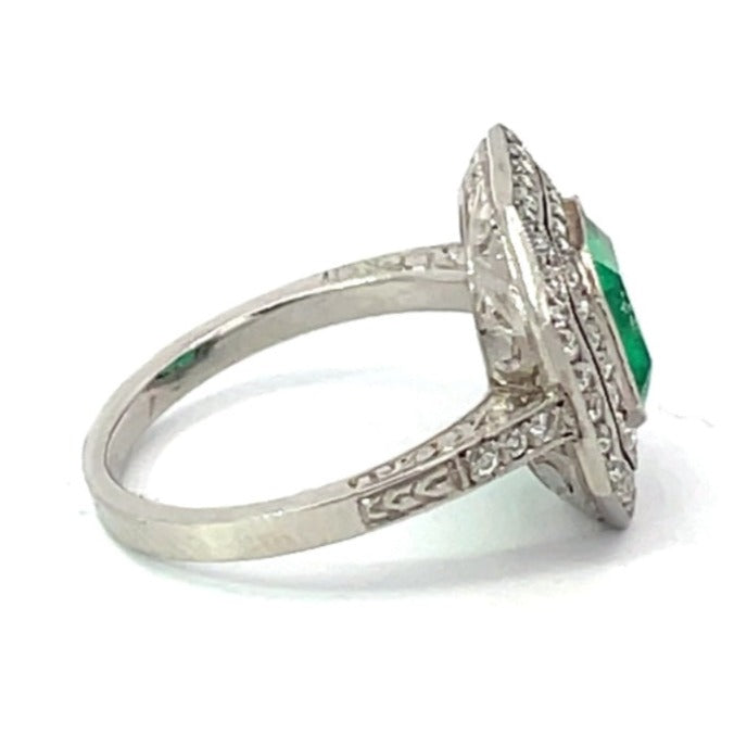 Side view of 1.52ct Asscher Cut Natural Colombian Emerald Engagement Ring, Double Diamond Halo, Platinum