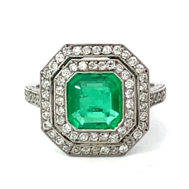 Front view of 1.52ct Asscher Cut Natural Colombian Emerald Engagement Ring, Double Diamond Halo, Platinum